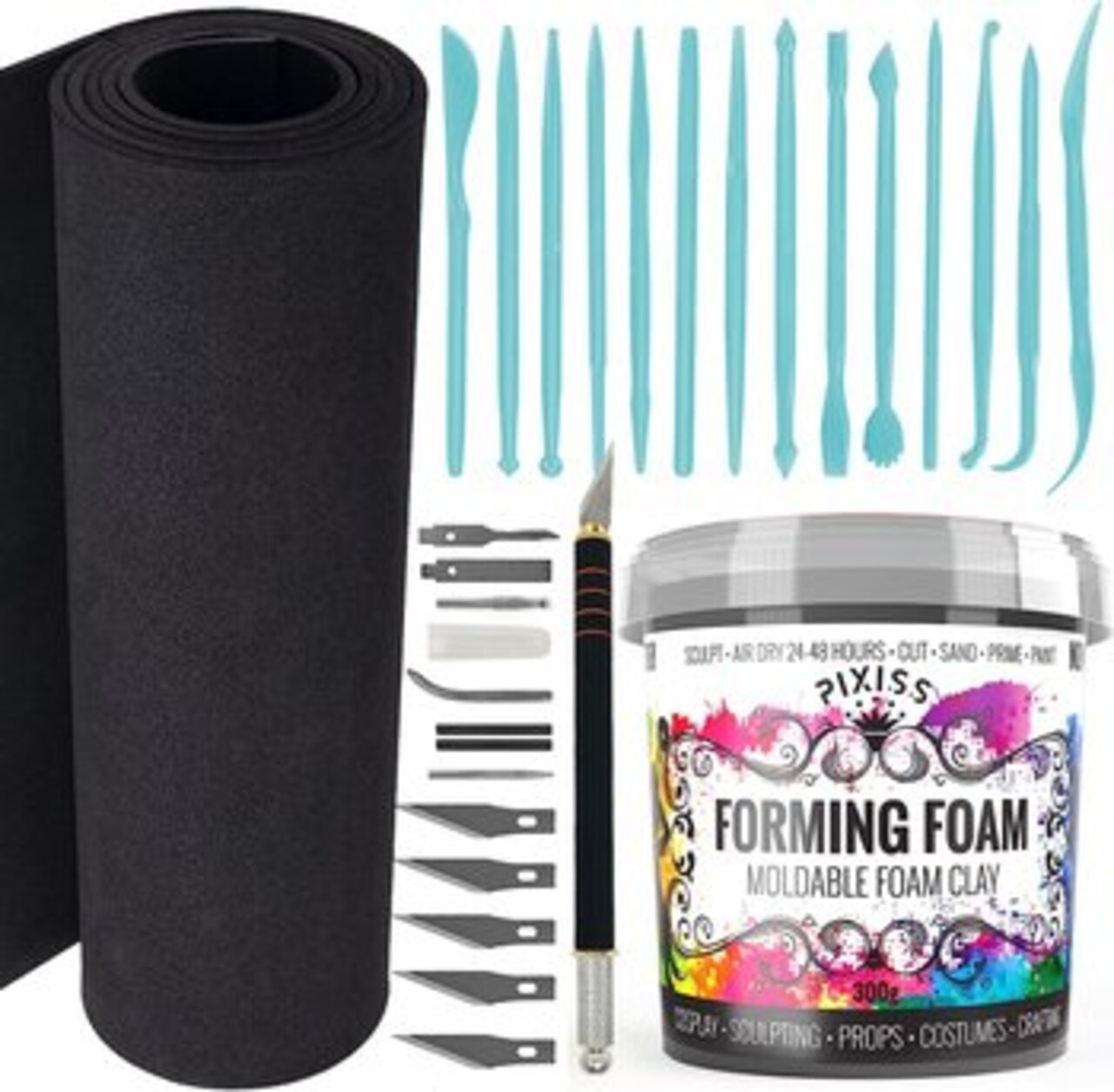 Foam Clay (White 300g) & EVA Foam - Cosplay Crafting Kit - Foam Clay Air Dry, Cosplay EVA Foam, Sculpting Toolkit and Knife - Air Dry Foam Clay for Cosplay Foam Sheets, Craft Foam Clay kit for Kids…